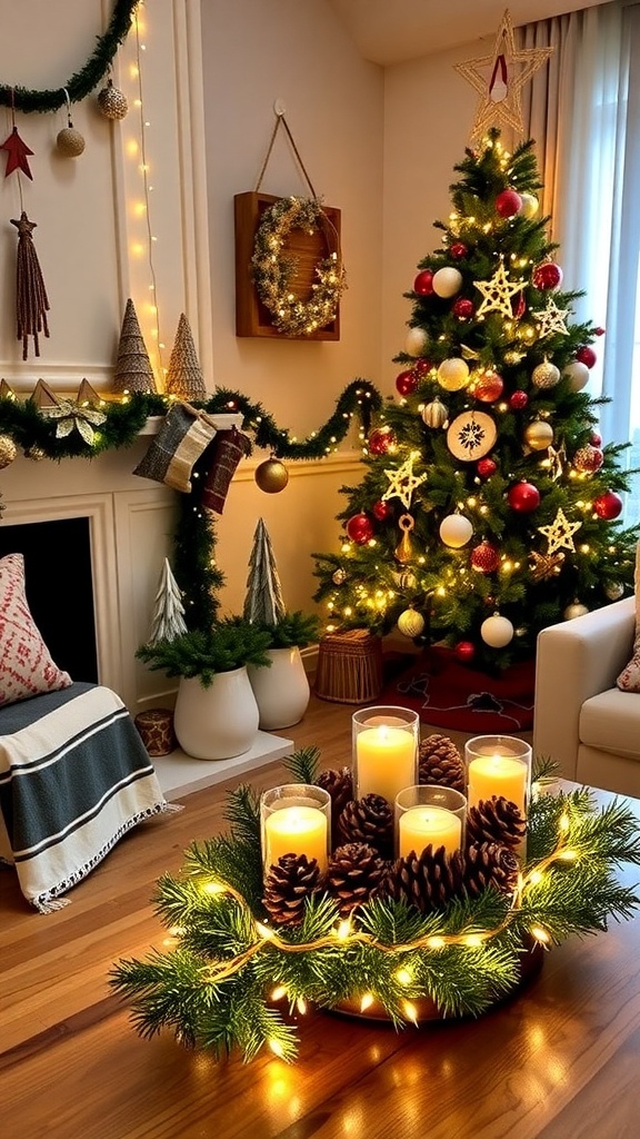 A festive living room with a decorated Christmas tree, DIY ornaments, and a cozy ambiance.